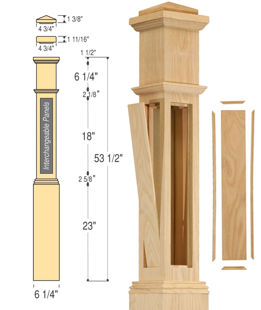 Interchangeable Panel Box Newel with Interchangeable Caps : C-4091-IP | Stair parts