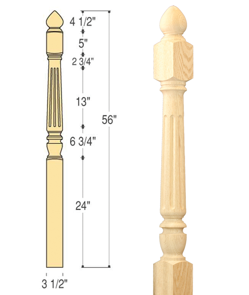 Chippendale Colonial Top Fluted Starting Newel :  C-4280 L | Stair parts
