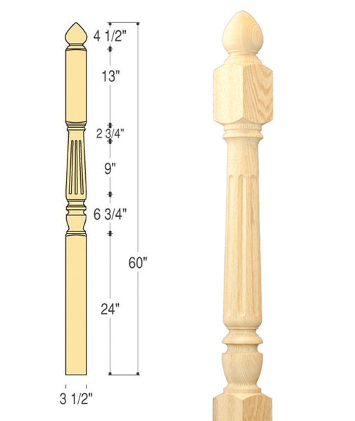Chippendale (Flute) Angle / Landing Newel 3-1/2" x 60" (Pointed Top) C-4285 | Stair parts